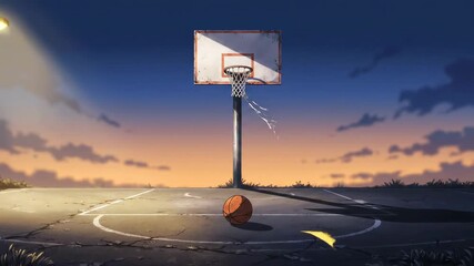 Basketball Court at Sunset with Falling Leaf Animation