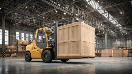 Yellow forklift lifting wooden crate in large industrial warehouse with bright lights and spacious storage area