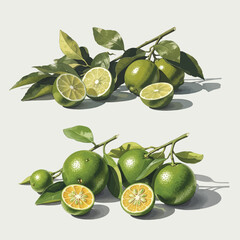 Elegant Botanical Vector Illustration of Green Limes and Leaves in Realistic Style