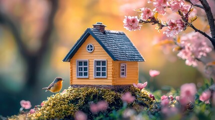 Miniature yellow house atop mossy hill, bird watching under blossom tree