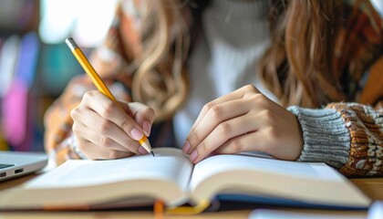 Student preparing for college test, exam, reading book, studying textbook, writing notes, making summary for class report, hands with pencil close up.
