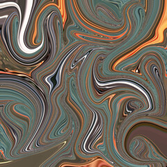 Fluid swirl abstract in earthy green, orange, and black tones, creating liquid marble waves with golden highlights and surreal flow design.