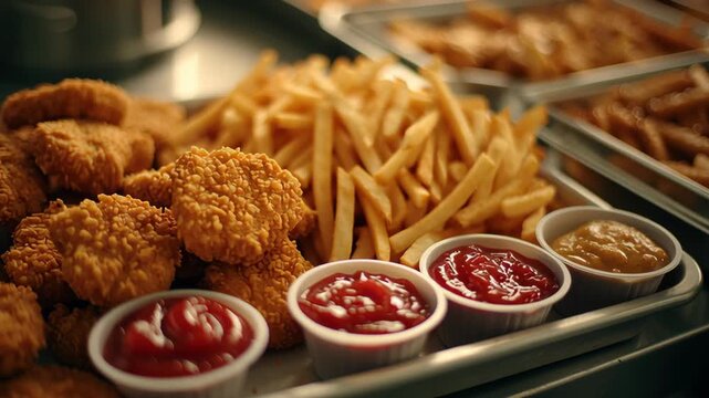 Crispy chicken nugget and golden french fry with ketchup and dipping sauce on school canteen lunch tray, delicious fast food meal, appetizing snack