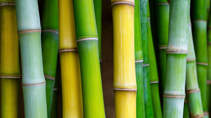 Obraz premium Close-up of bamboo stalks in natural green and yellow tones. 