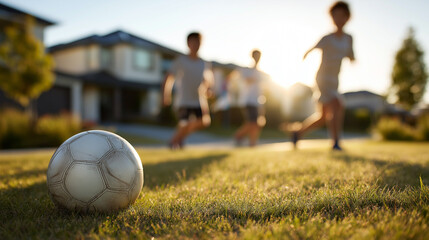 Children playing soccer in a suburban neighborhood at sunset.