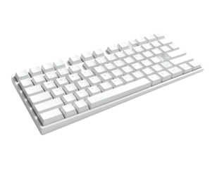 Angled view of a clean, white keyboard with square keycaps, isolated on black