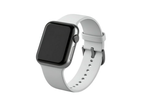 Silver smartwatch with white strap against a black background, showcasing modern design