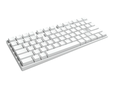 Angled view of a clean, white keyboard with square keycaps, isolated on black