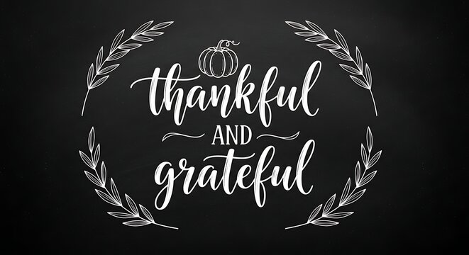 Chalkboard art featuring the words thankful and grateful in elegant script surrounded by a decorative laurel wreath and a small pumpkin illustration perfect for autumn and thanksgiving themes