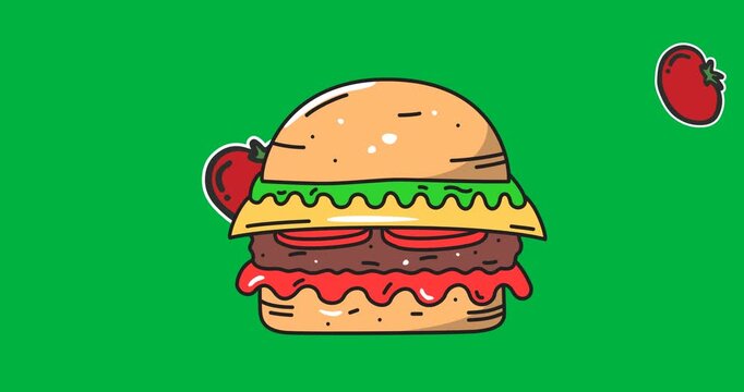Animation of hamburger and tomatoes icons over transparent background