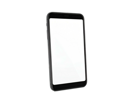 A modern smartphone angled slightly with a bright white screen and black frame