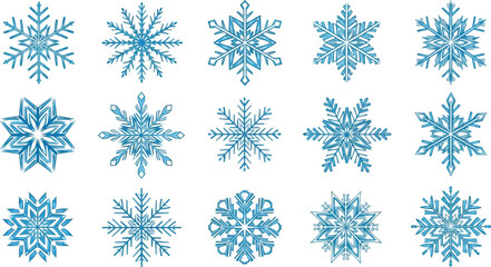 Fototapeta premium Blue Winter Snowflakes Collection on White Background, Christmas and New Year Designs