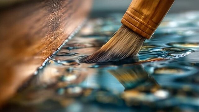 A close-up view of a paintbrush dipping into a shimmering body of water, with reflections of natural elements in the background, creating a serene and artistic atmosphere