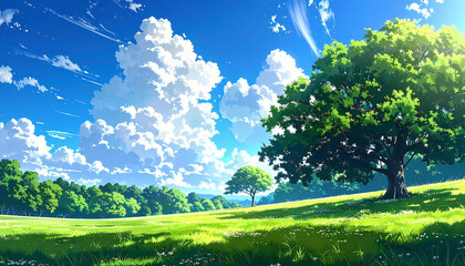 アニメ風景。空。公園。木。Anime scenery. Sky. Park. Trees.