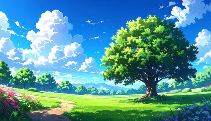 アニメ風景。空。公園。木。Anime scenery. Sky. Park. Trees.