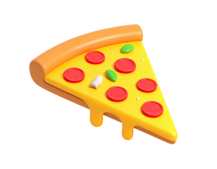 Animated 3D render of a single slice of pizza with toppings on black background