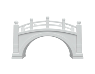 A white arched bridge design, featuring a decorative railing, stands against black
