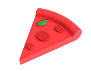 A stylized, 3D rendered slice of pizza with pepperoni and a basil leaf