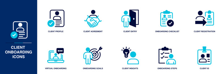 Client Onboarding Blue Colored Outline Icon Set