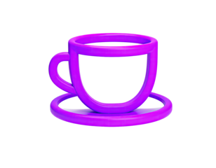 3D, neon, purple outline of a cup and saucer on a black background
