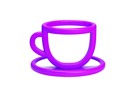 3D, neon, purple outline of a cup and saucer on a black background