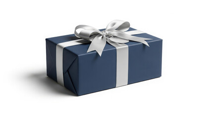 Obraz premium Elegant dark blue gift box tied with silver ribbon and bow