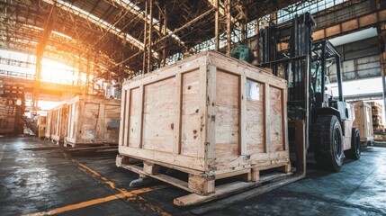 Industrial Warehouse Forklift Moving Wooden Crate with Warm Sunlight Streaming Through Large Windows in Factory Setting