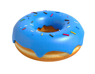Digitally rendered donut with bright blue icing and sprinkles, isolated on black