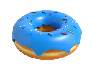 Digitally rendered donut with bright blue icing and sprinkles, isolated on black