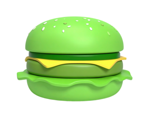 A vibrant, green burger with a quirky design, isolated on black background