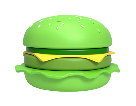 A vibrant, green burger with a quirky design, isolated on black background