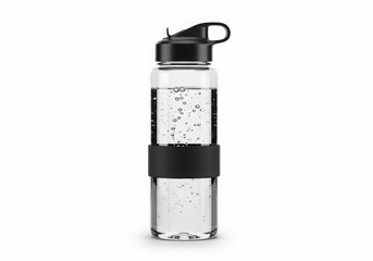 Clear plastic water bottle with black lid and straw filled with ice cubes