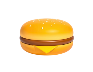 Rendered, cartoonish hamburger with sesame seeds on top bun. Black background