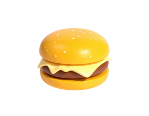 A 3D rendered hamburger with sesame seed bun, cheese, and a patty, on black