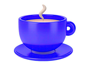 3D rendering of a glossy blue coffee cup on a matching saucer with steam