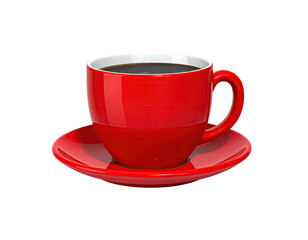 A vibrant, red ceramic cup and saucer filled with dark, steaming beverage