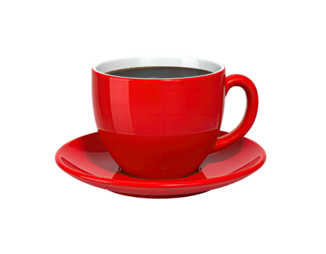 A vibrant, red ceramic cup and saucer filled with dark, steaming beverage