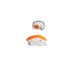 Isolated sushi pieces nigiri with salmon, maki roll against a black background