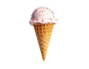 Pink scoop of ice cream with sprinkles in a waffle cone on black background