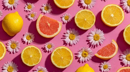 Lemon wedges, orange halves, grapefruit slices, and yellow daisies arranged in repetitive grid flat lay, cheerful food stock concept