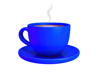 A blue mug with coffee, steaming above, set upon a matching saucer