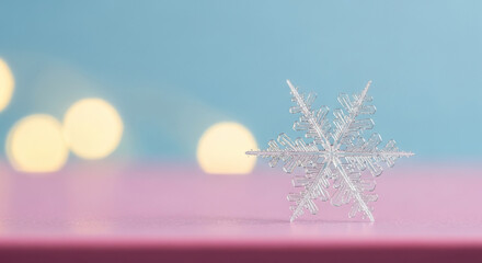 Macro Shot of a Delicate Snowflake on a Pastel Background
