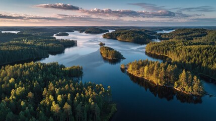 Obraz premium Aerial view showcasing a vast, serene landscape of interconnected lakes and forested islands under a sunset sky