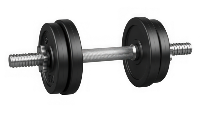 Black dumbbell with chrome handle isolated on transparent background