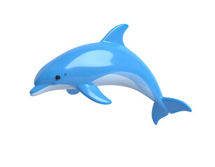 Fototapeta premium A cartoon dolphin leaps forward with smooth, shaded light blue skin on a black background