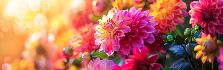 Beautiful pink flowers blooming softly in warm natural sunlight
