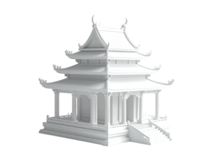 A white, rendered, three-tiered Asian-style pavilion with stairs and intricate details