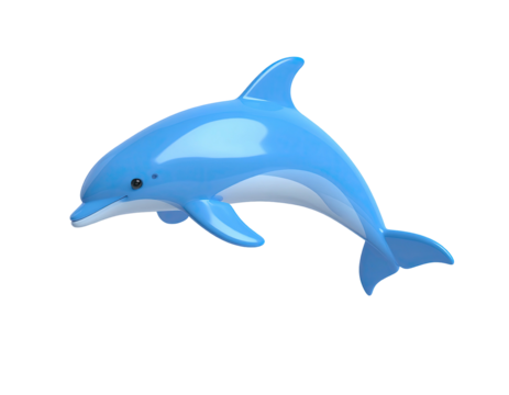 A cartoon dolphin leaps forward with smooth, shaded light blue skin on a black background