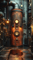 Render a high tech boiler room glowing with neon accents wallpaper