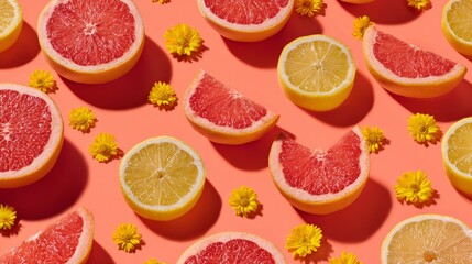 Lemon wedges, orange halves, grapefruit slices, and yellow daisies arranged in repetitive grid flat lay, cheerful food stock concept